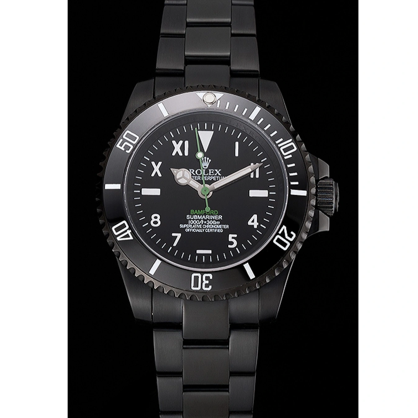 MiroTime 1025 Rolex Bamford Submariner Black Dial Roman Numerals Black Ionized Case And Bracelet